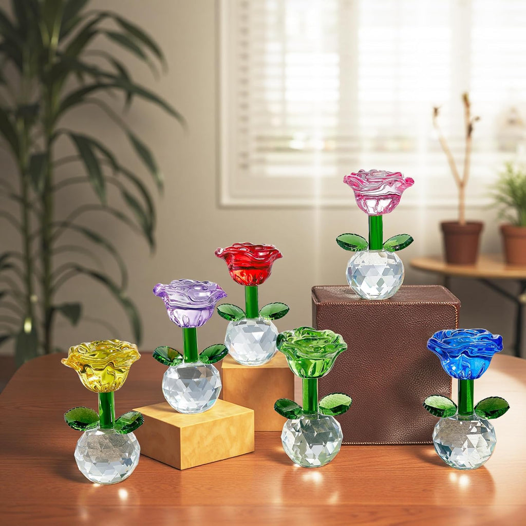 Skiennix Crystal Glass Rose Flowers Figurines - Colorful Blown Glass Centerpieces for Home & Office | 3.5in