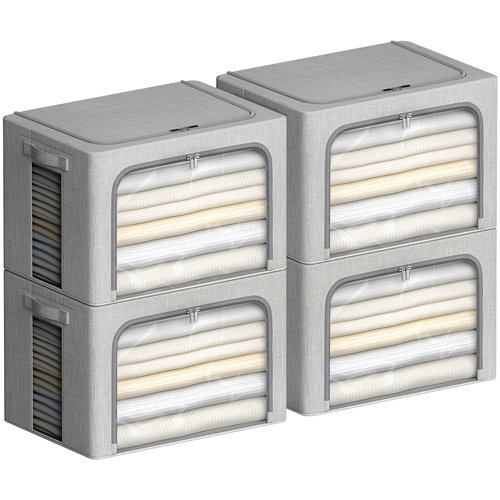 CYhom 4 Pack Clothes Storage Bins with Metal Frame - Linen Fabric Foldable Stackable Container Organizer Set with Clear Window & Carry Handles & Zippers (Light Grey, 23.6"x16.5"x15.7")