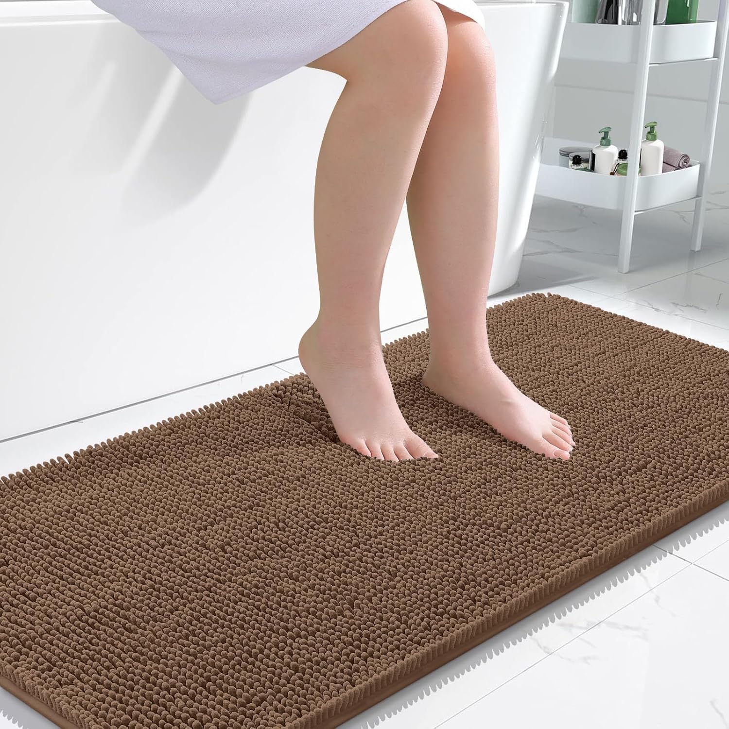 OLANLY Large Bath Rugs - Extra Soft Chenille with Quick-Dry Rubber Backing | 45x27 Mocha Color