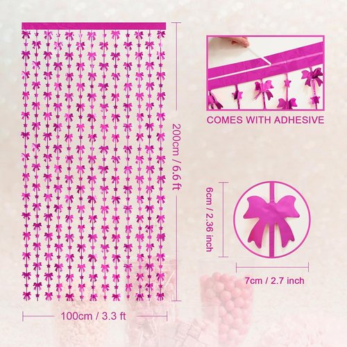 Menstarsi Bow Party Decorations - Hot Pink Foil Fringe Curtains | 3.3 X 6.6 Ft Birthday Backdrop