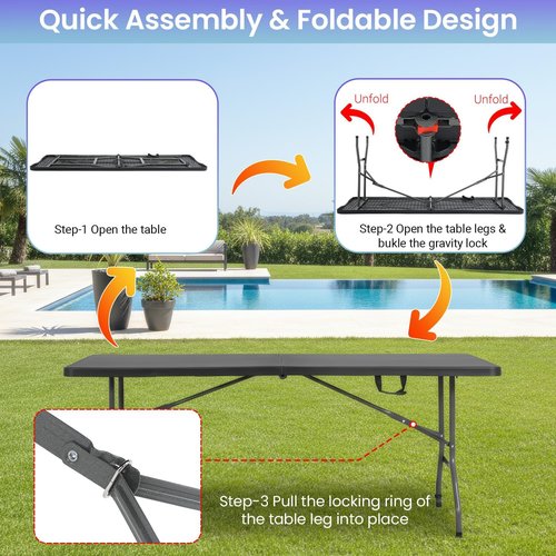 FDW 6FT Folding Table - Portable Black Picnic & Party Table with Carrying Handle