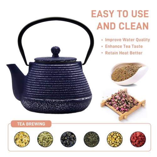 SECHUDO Cast Iron Teapot, 20.3oz Small, Enameled Interior, Stainless Steel Infuser for Loose Tea (Blue Pinstripe Pattern)