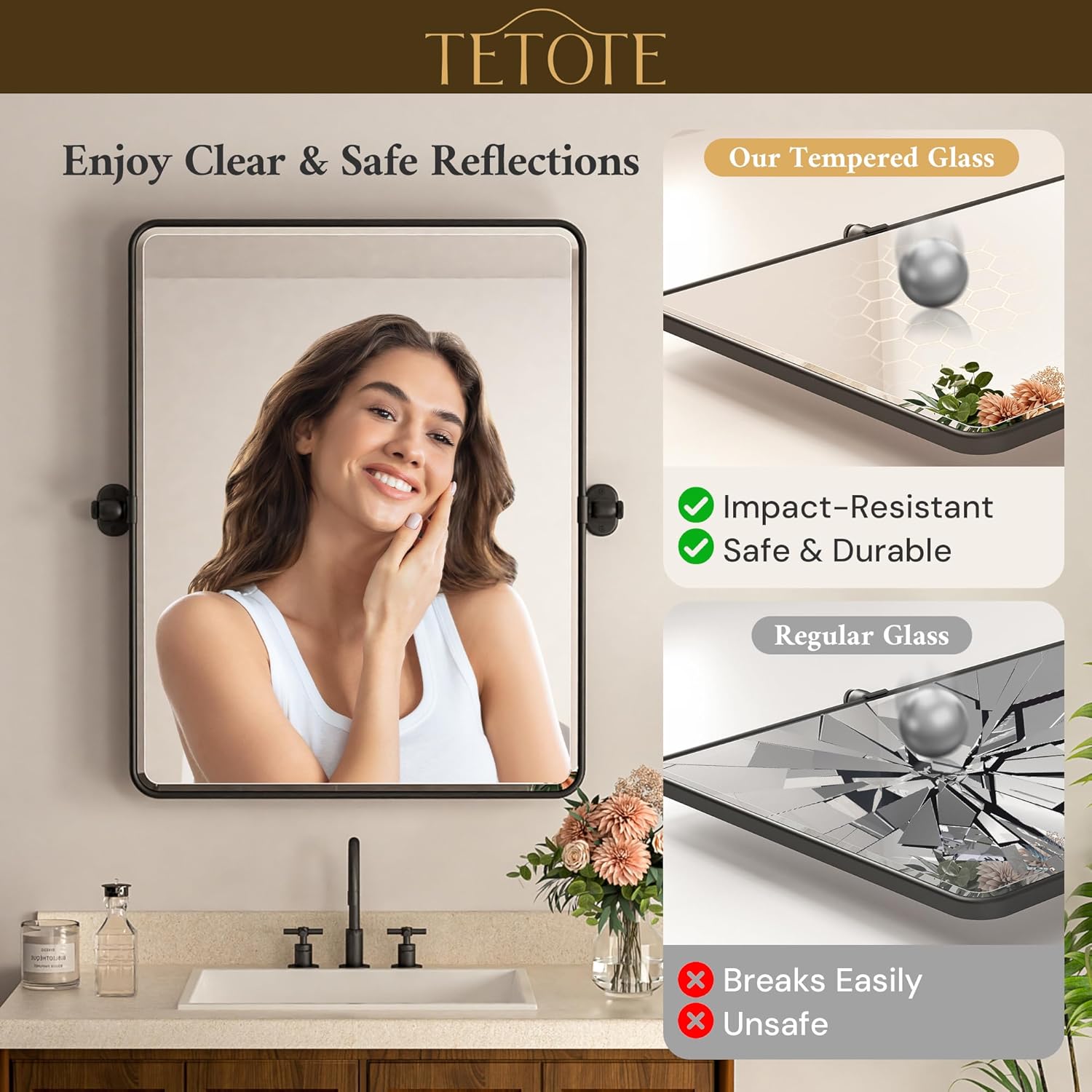 TETOTE Pivot Mirror - 20 x 30 Matte Black Rectangle Vanity Mirror | Adjustable Tilting Beveled Glass