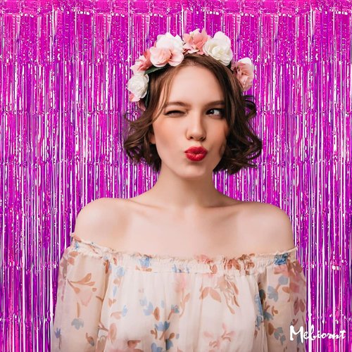 Fuchsia Fringe Curtain Backdrop by [Brand Name] - 4 Pack Metallic Tinsel Foil Streamers | 3.2Ft x 6.6Ft for Parties & Events