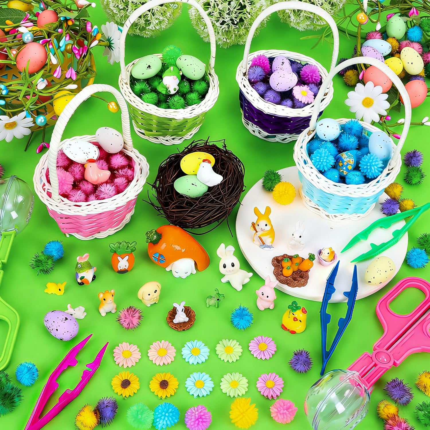 Spring Sensory Bin Filler by Easter - 287 Pcs with Eggs, Bunnies, Felt Flowers & Pom Poms for Counting & Sorting