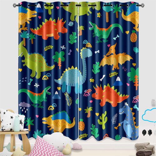 Kossmjx Cartoon Dinosaur Curtain Panels Curtains Blue Curtains for Boys Bedroom Grommet Top Window Treatment 2 Panels Drapes Kids Room Decor Navy Blue Curtain 84 Inch Length, 82" x 84"
