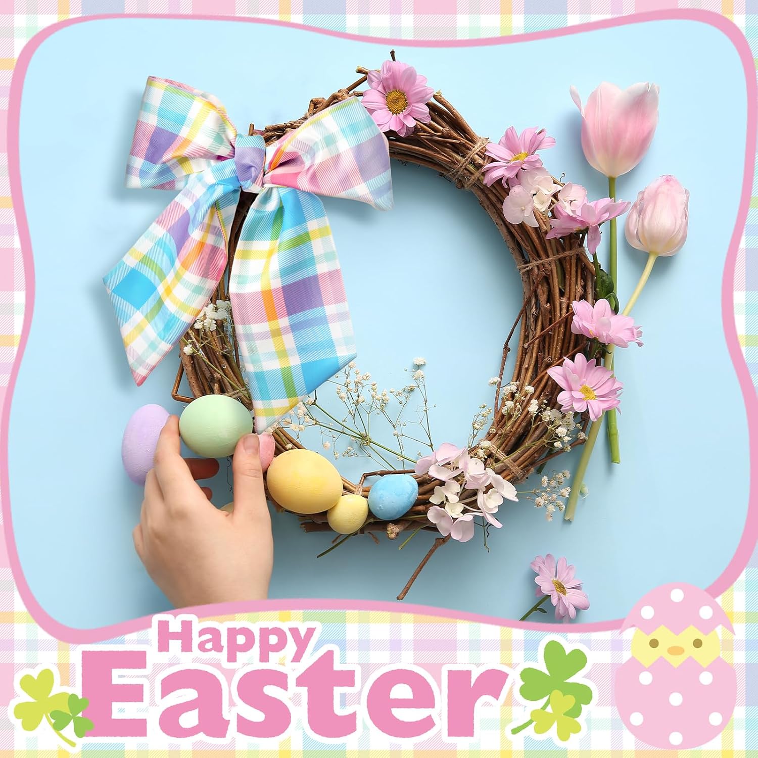 VitalCozy Easter Plaid Wreath Sash - Satin Monogram Ribbon for Indoor/Outdoor Decor
