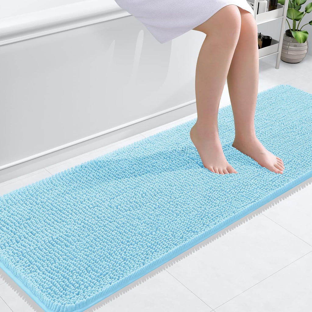 OLANLY Bathroom Runner Rugs - Soft Absorbent Chenille Bath Mat with Rubber Backing | 59x20, Sky Blue