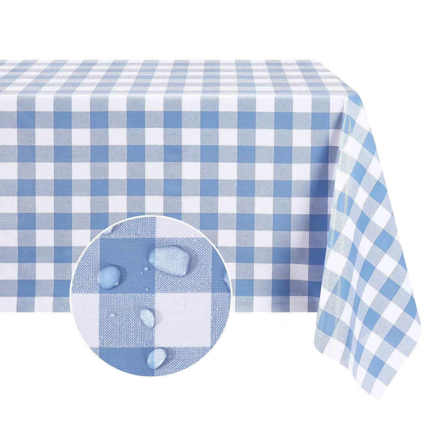 Romanstile Rectangle Vinyl Tablecloth, 100% Waterproof Buffalo Gingham Plastic Table Cloth, Heavy Duty Wipeable Checkered Table Covers for Outdoor, Camping, Picnic, Patio - 52 x 70, Light Blue