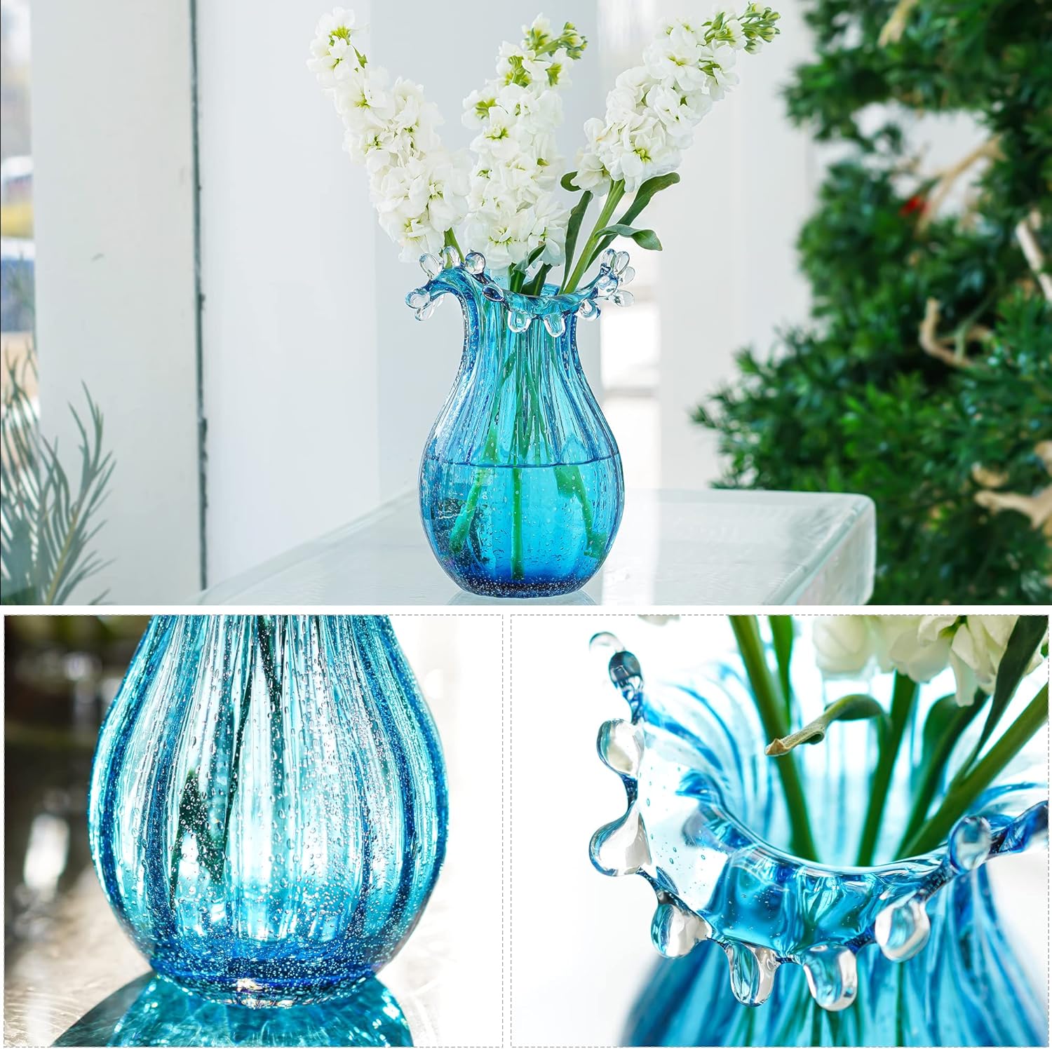 Skiennix 8-Inch Blown Glass Bubble Vase - Modern Art Flower Decor for Home, Office & Weddings - Blue