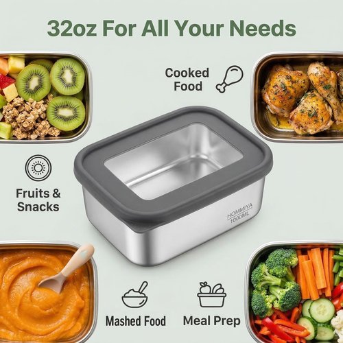Hommiya Stainless Steel Food Storage Containers with Leak-Proof Silicone Lid, Set of 3(32oz), Reusable Bento Lunch box for Snacks & Meal Prep, Oven/Dishwsher/Freezer Safe