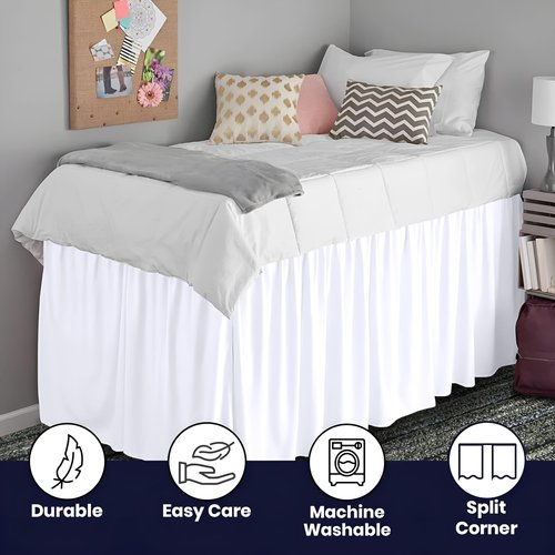 SGI bedding Dorm Bed Skirt Twin XL 60 Inch Drop Length - White, Ruffled Pattern College Dorm Room Bed Skirts - Split Corner, Easy Care, Wrinkle Free 1800 Series Microfiber Bed Skirt