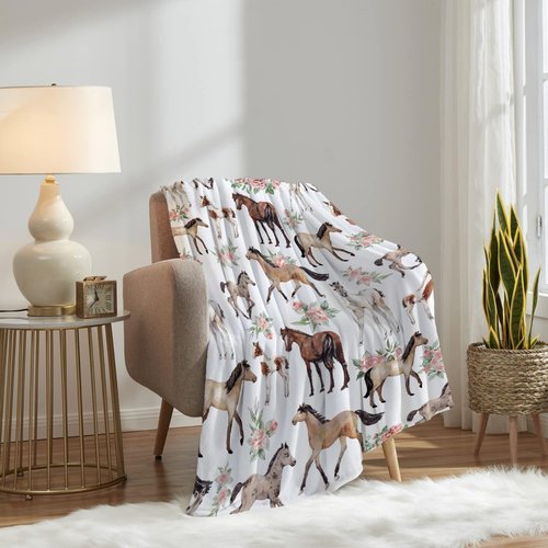 AUSMART Horse Rose Throw Blanket for Women Men Flowers Blanket Gifts for Adults Cute Horses Lightweight Blanket 60X80 Inches for Bed All Season