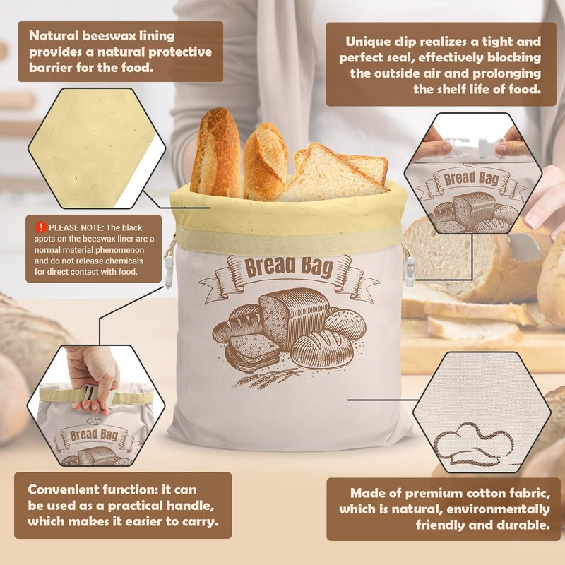 Cotton Beeswax Bread Bag (2 Pack) Reusable Double-Lock Freezer Safe for Homemade Sourdough Bread Food Storage Gifts for Sourdough Bakers (Pattern 2)