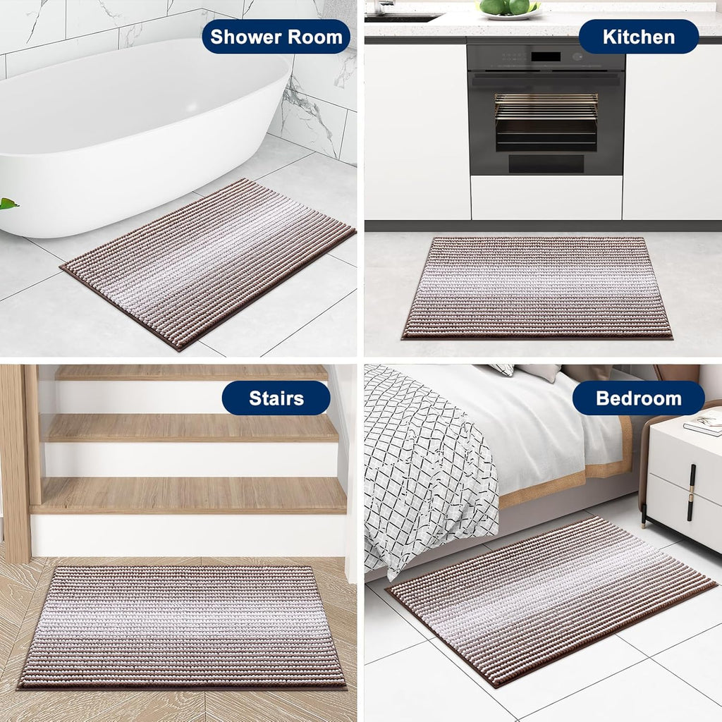 OLANLY Bathroom Rugs - Extra Soft Chenille Striped Bath Mat | 32x20, Rubber Backing, Machine Washable, Brown