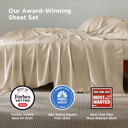 Bedsure Queen Sheet Set - Cooling Bamboo Rayon Sheets | Soft, Breathable Luxury Bedding in Beige