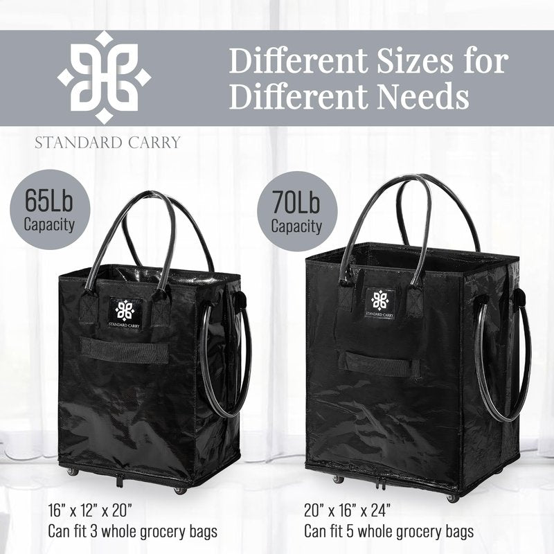 STANDARD CARRY Reusable Grocery Bag With Wheels | Foldable Rolling Tote With Handles | Zipper Closure | Waterproof | Carry up to 65Lbs [Medium, Black]