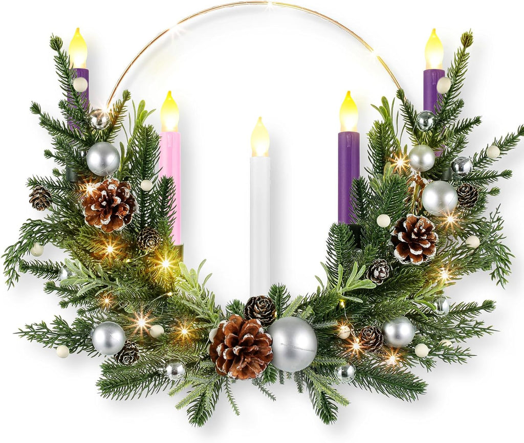 Suncalla Advent Wreath Set - 5 Flameless Candles with Timer Remote | 20-Inch Pine Cone Holiday Decor