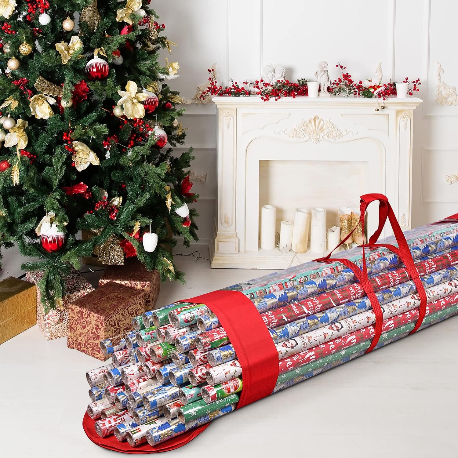 ProPik Gift Wrap Organizer - Heavy Duty Wrapping Paper Storage Bag for 24 Rolls | 40 Inch Long, Red & Clear