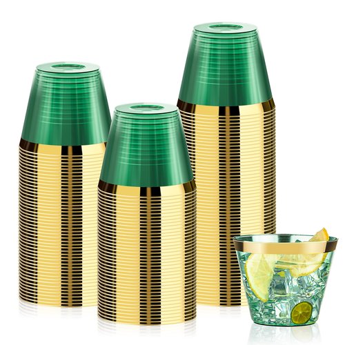 Bestluck 100 Pack 9 oz Green Plastic Cups, Clear Disposable Cups with Gold Rim, Plastic Cocktail Glasses for Party & Graduation & Wedding