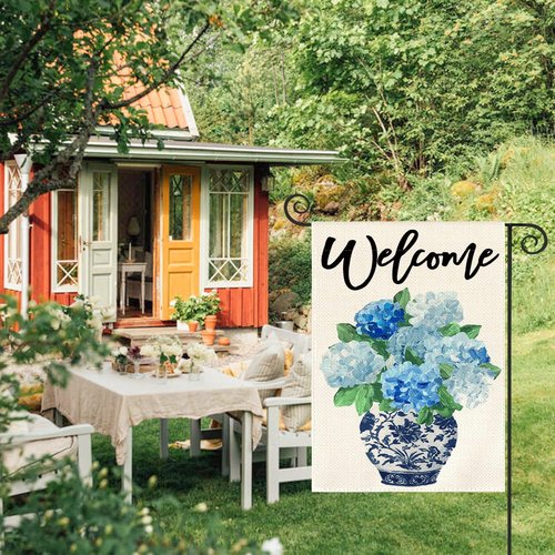 AVOIN Colorlife Garden Flag - Spring Hydrangea Floral Design, 12x18 Inch, Double-Sided, Blue & White