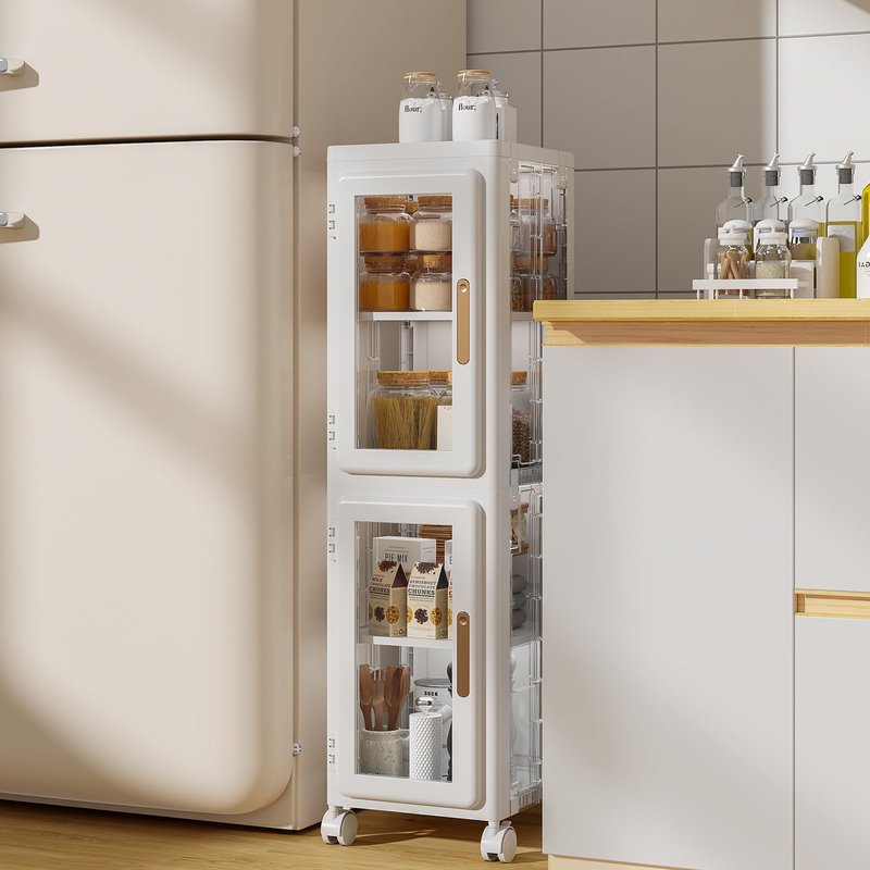 LXSJCYGJ 2-Tier Tall Narrow Storage Cabinet,Narrow Bathroom Storage Cabinet with Transparent Doors and Movable Wheels,Suitable for Small Spaces, Bathrooms, Kitchens, White (9.8x11.8x34.6)