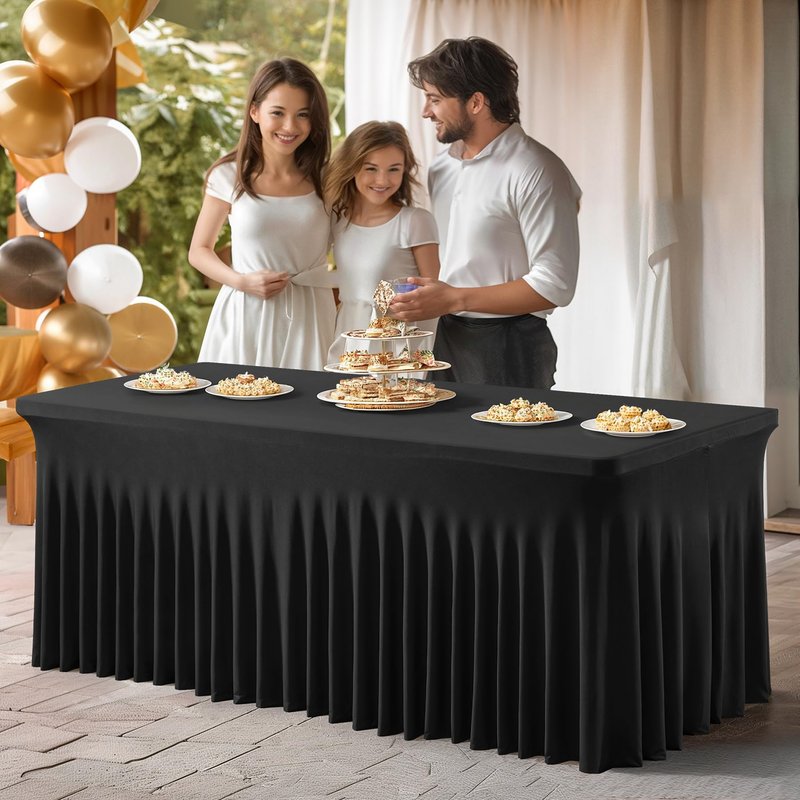 PARTISKY 4 Pack Black Spandex Table Cover with Skirt - 6ft Rectangle One-Piece Stretch Tablecloth for Wedding, Banquet, Birthday Party, Trade Shows & Foldable Tables