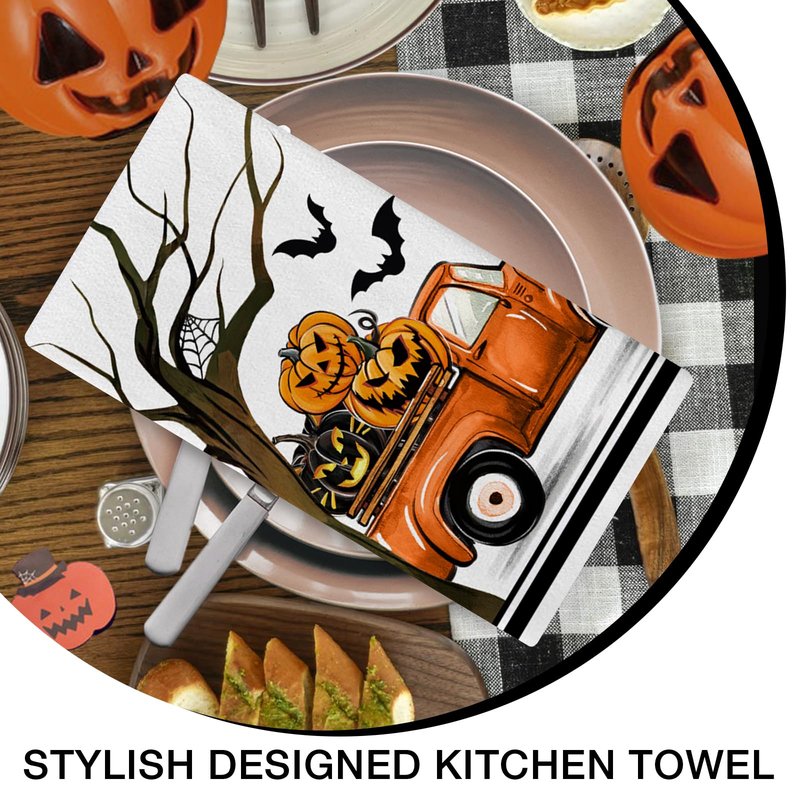 Seliem Halloween Trick or Treat Kitchen Dish Towels Set of 2, Jack O Lantern Pumpkin Truck Hand Towels Stripes Drying Baking Cooking Cloth, Spooky Bat Holiday Funny Home Kitchen Decor 18x26 Inch