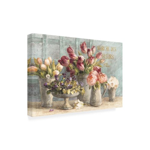 Wrapped Canvas Wall Art - Danhui NAI 'Marche Des Fleurs Blue Gold' Wall Art for Living Room, Bedroom, or Office Décor - 22x32