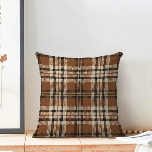 Jecuwo Fall Pillow Covers 18x18 Inch Set of 2, Autumn Thanksgiving Harvest Outdoor Decorative Throw Pillowcase Brown Plaids Cushion Cover for Sofa Couch Farmhouse Living Room Bed Decor