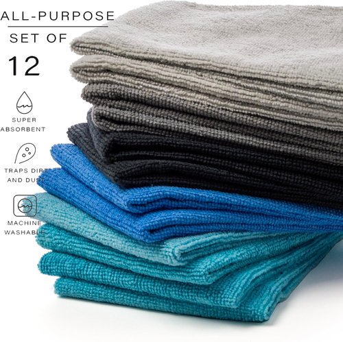 BINO Microfiber Cleaning Towels - Ultra Absorbent Blue/Grey Ombre - 15x15 Inches | 12 Pack All-Purpose Set