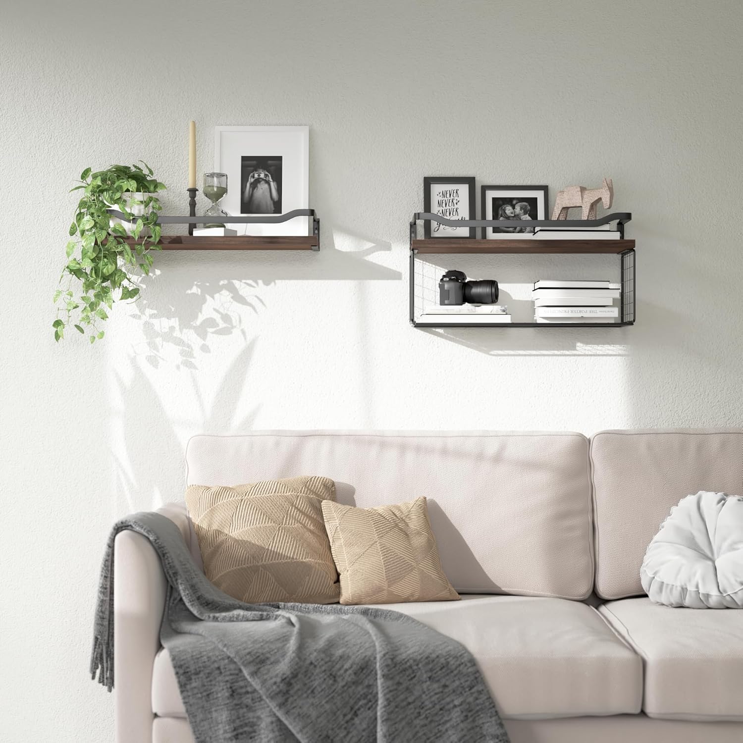 WOPITUES Floating Shelves - Wood Wall Storage with Wire Basket & Metal Guardrail | Dark Brown