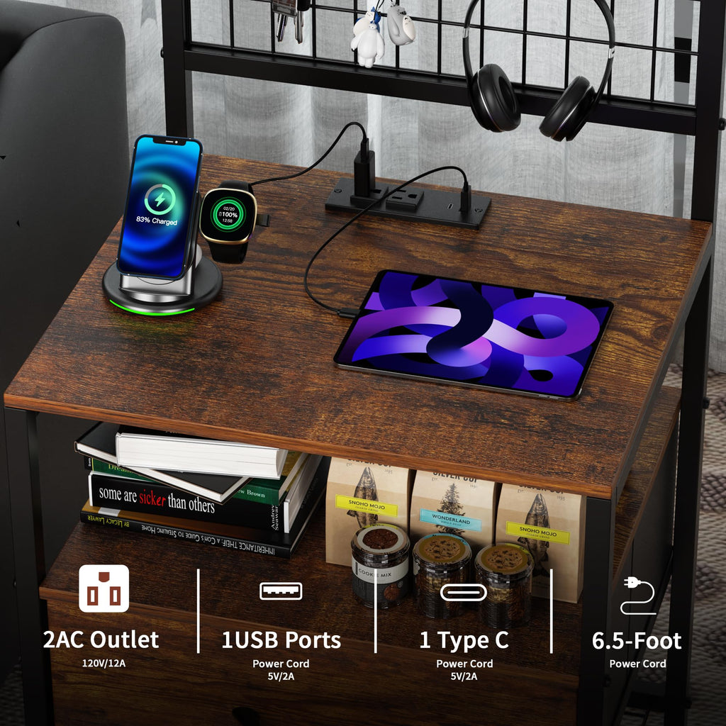 Aetheris Night Stand with Charging Station and LED Lights, End Table with Drawers and Storage Shelves, NightStand with Storage Shelf & Hooks, Night Stand for Bedroom, Rustic Brown