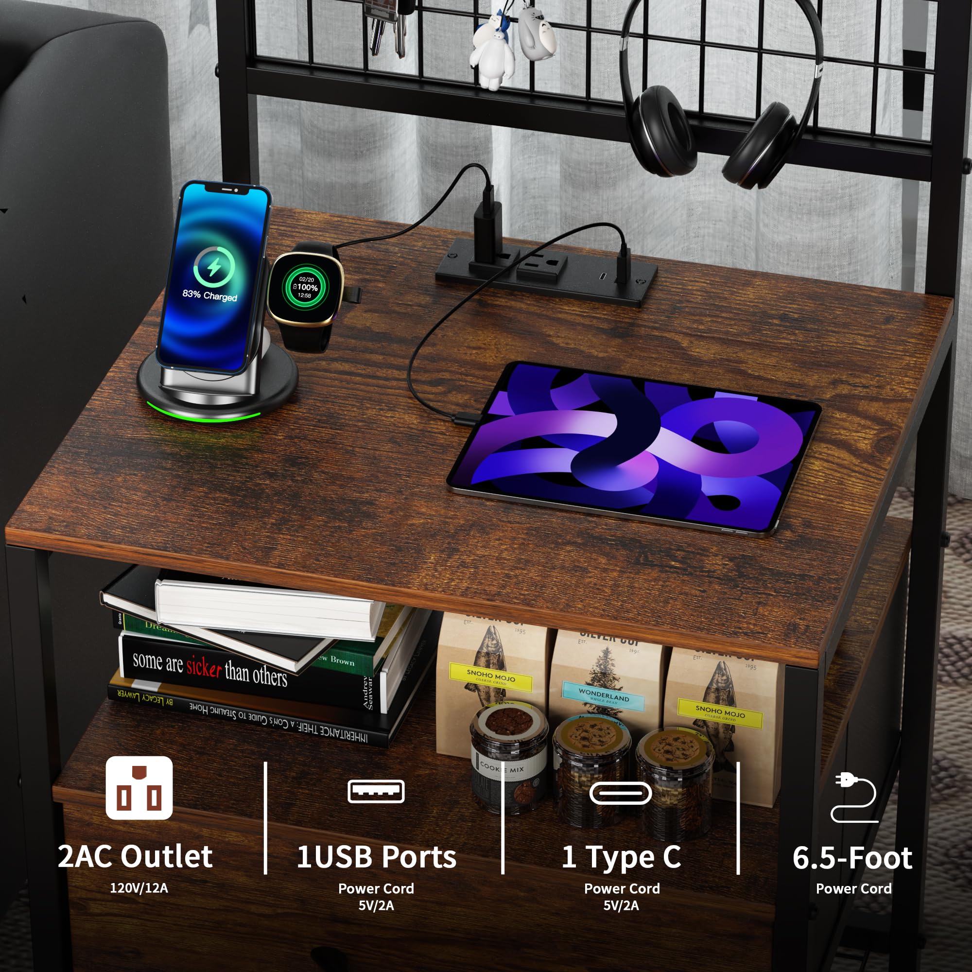 Aetheris Night Stand with Charging Station and LED Lights, End Table with Drawers and Storage Shelves, NightStand with Storage Shelf & Hooks, Night Stand for Bedroom, Rustic Brown