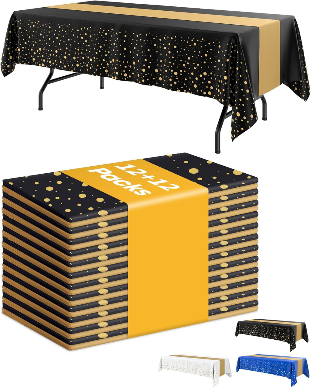 Niuara Tablecloth Set - Black and Gold Disposable Rectangle Table Cover & Runner | 12+12 Pack for Events