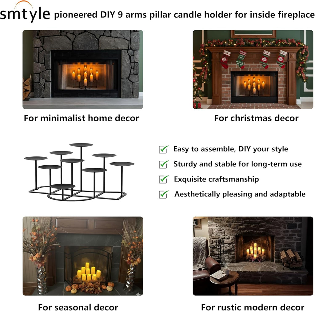 Smtyle Fireplace Candelabra - Modern Black Matte Multi-Tier Centerpiece for Pillar Candles