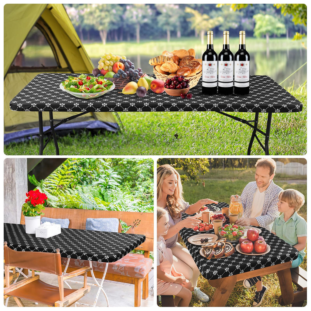 misaya 2 Pack Rectangle Vinyl Table Cloth, Elastic Fitted Tablecloth with Flannel Backing, Waterproof Plastic Table Cover Fits 8 Foot Folding Tables for Camping, Indoor and Outdoor (Black, 30" x 96")