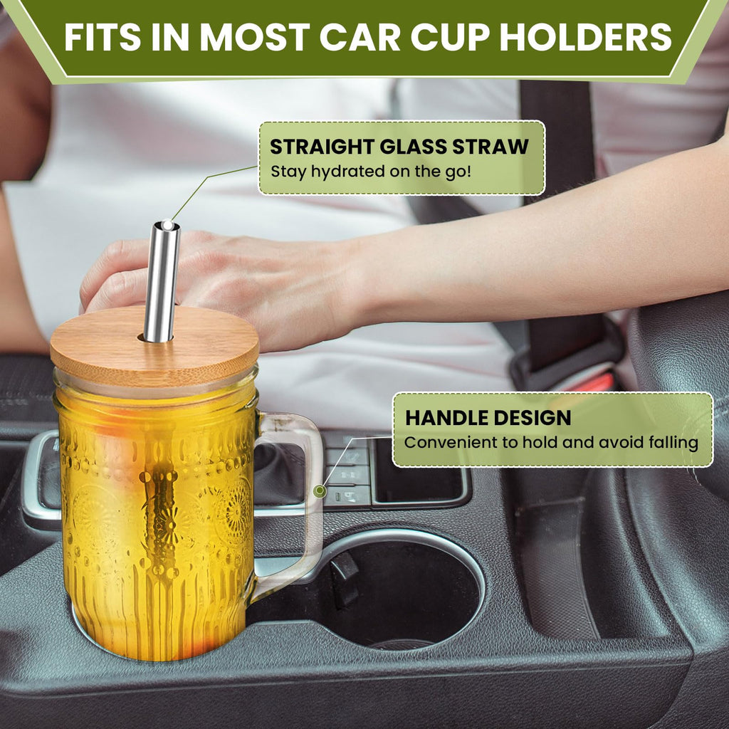 OTOB 4 Pack Glass Tumbler with Straws and Lids, Boho 24oz Iced Coffee Cup Mason Jar Cups, Smoothie Cup with Handle Bamboo Lid, Wide Mouth Boba Drinking Water Glasses for Beer Fruit Water Tea Coffee