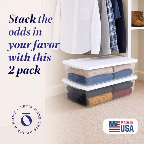 HOMZ Large Clear Plastic Storage Organizer Bins - 2-Pack Snaplock Containers, 41 Quart, White | Stackable for Home & Office