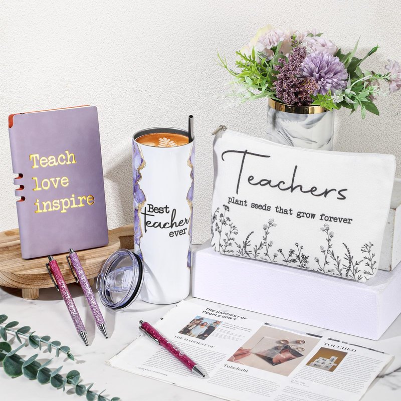 Domensi 6 Pcs Teacher Appreciation Gift Set for Women Staff 20 oz Marble Sign Tumbler Inspirational Ballpoint Pen Notebooks with Makeup Bag Teacher Thank You Gifts(Purple)