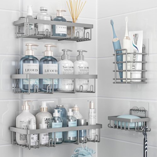 Liuoud Shower Caddy Organizer - Rustproof Stainless Steel Wall Storage Basket | 5 Pack, Large Capacity, Grey