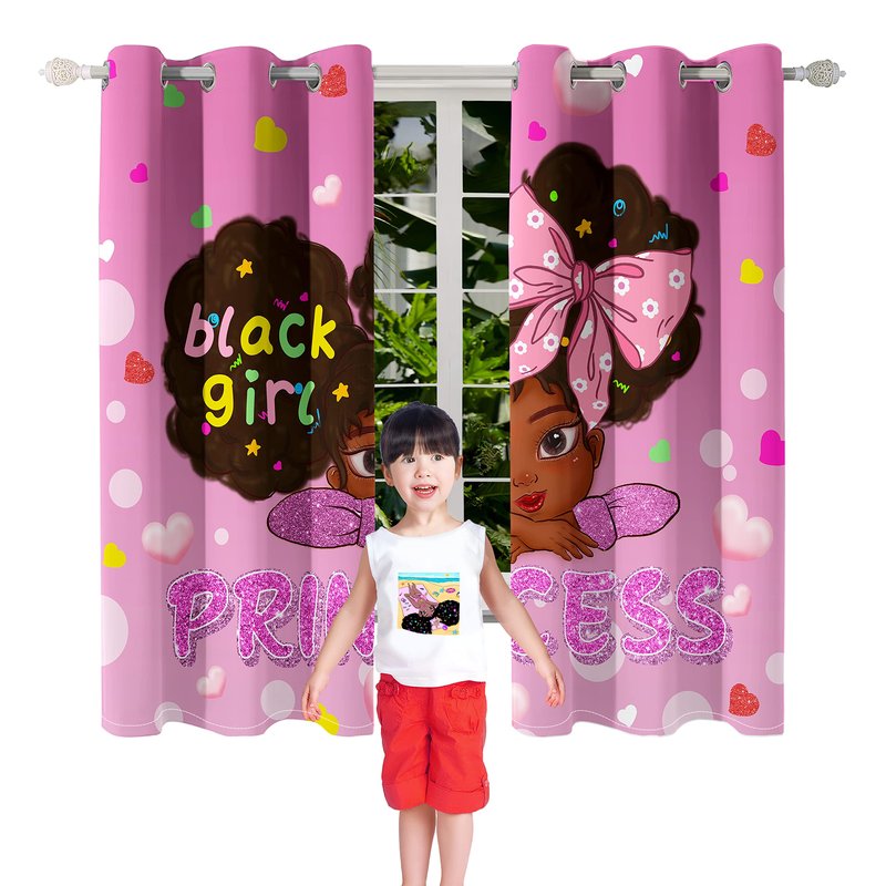 Jiospet African Girl Curtains Black Girl Curtains Room Decor Blackout Window Drapes Pink Princess Drapes for Girls Bedroom 2 Panel Sets, 82''×63''