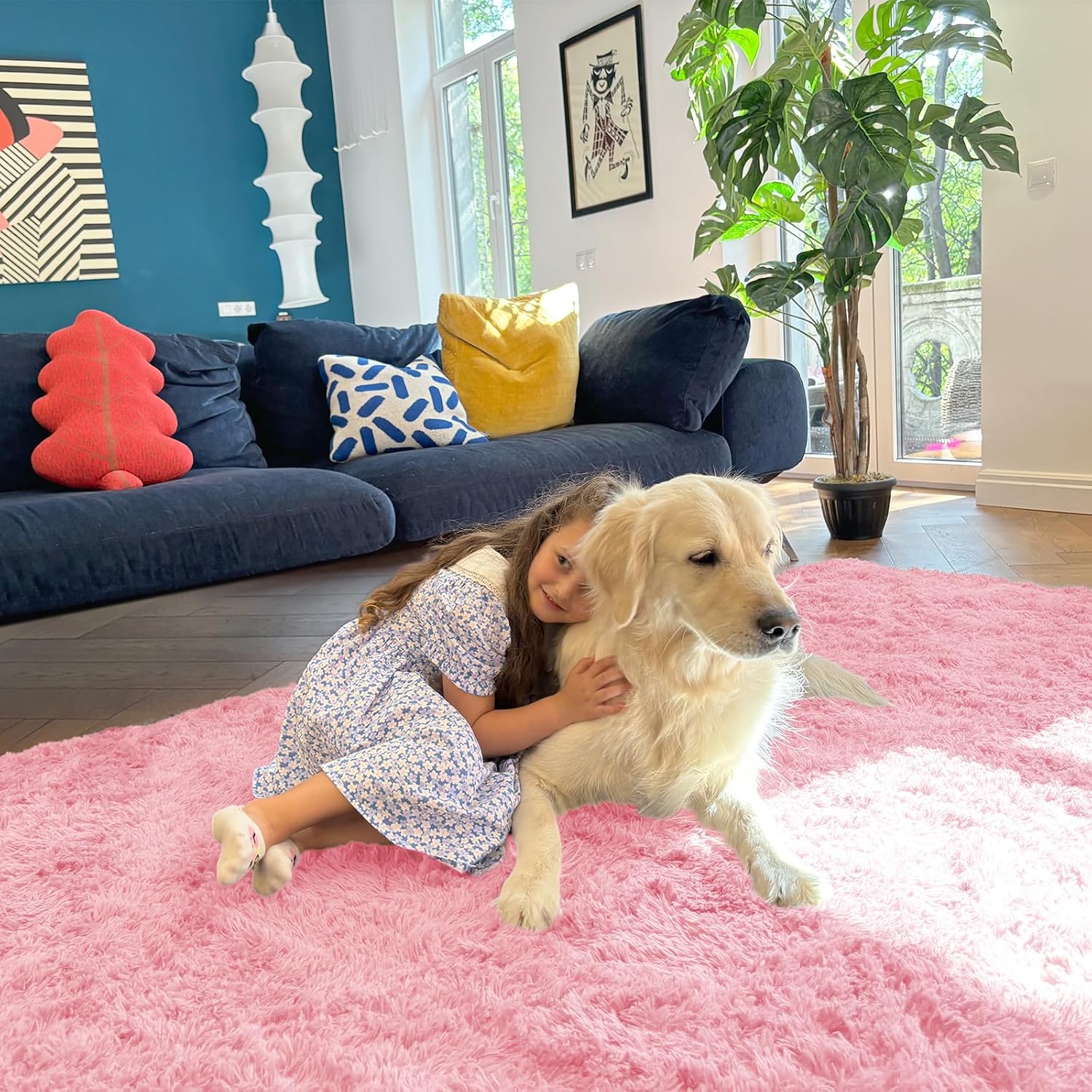 OLANLY Soft Fluffy Shaggy Bedside Rug - 3x5 Machine Washable Indoor Carpet for Kids & Nursery | Pink