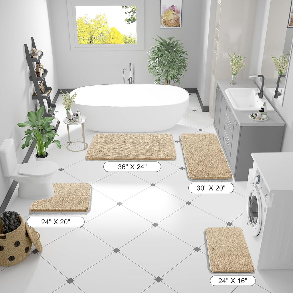 OLANLY U-Shaped Toilet Rug - Extra Soft Chenille, Quick-Dry, Non-Slip Bath Mat | 24x20, Beige