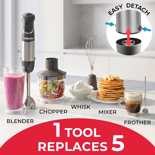 Mueller Multistick 5-in-1 Immersion Blender - 12 Speed Hand Mixer with Turbo Boost & Titanium Blades | Grey
