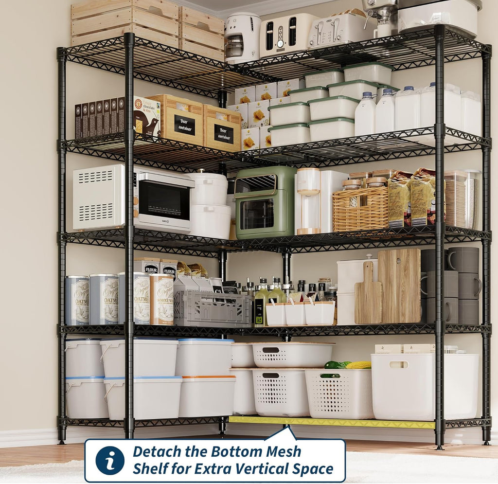 Skiennix 5-Tier Metal Shelving Unit - Heavy-Duty L-Shaped Kitchen Storage | 70.5" H x 59" W x 13.8" D
