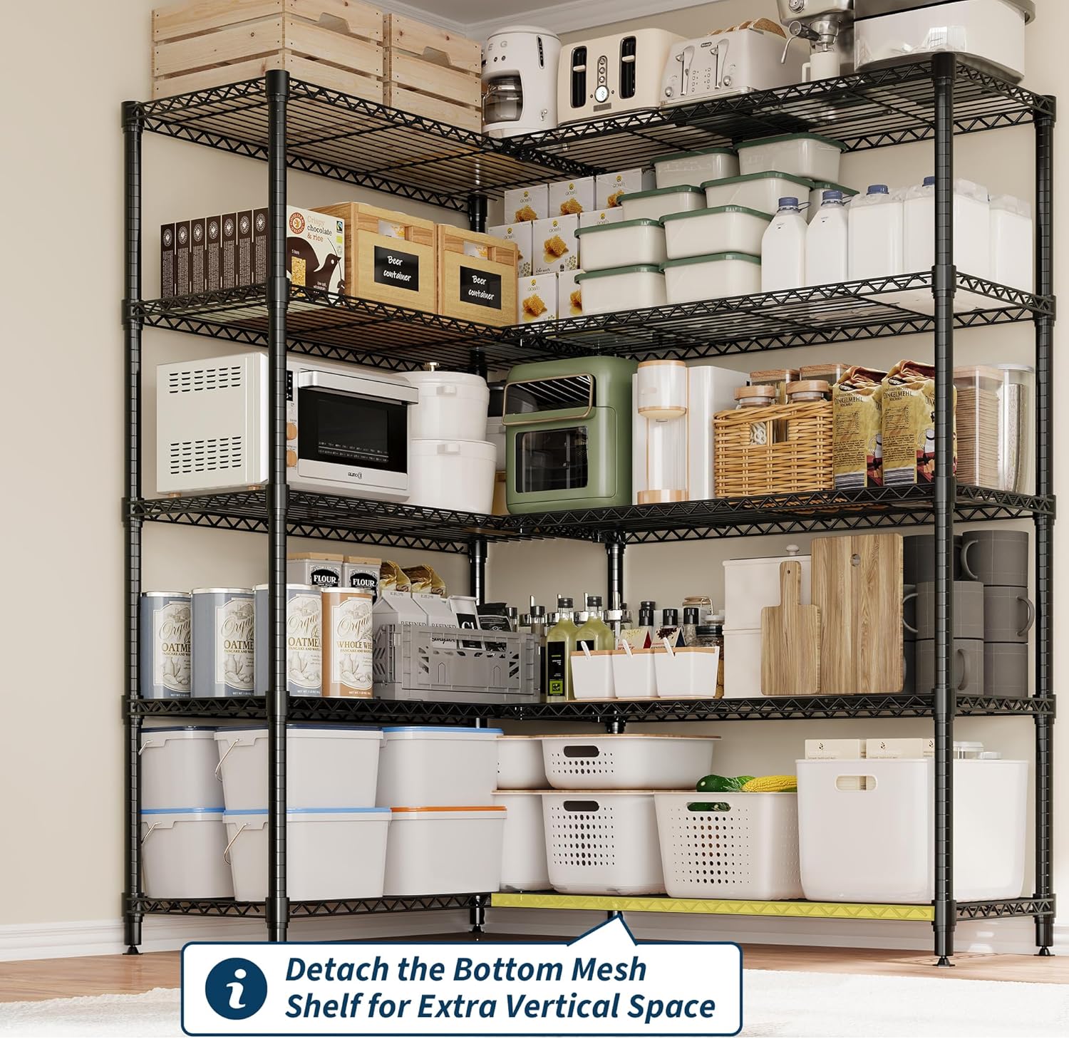 Skiennix 5-Tier Metal Shelving Unit - Heavy-Duty L-Shaped Kitchen Storage | 70.5" H x 59" W x 13.8" D