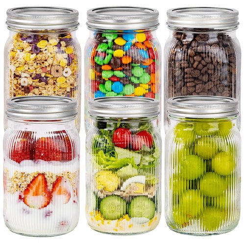 LUODA MirthMood 32 OZ Wide Mouth Mason Jars, 6 PACK Glass Mason Jars with airtight Lids, Quart mason jars wide mouth for Fermenting, Pickling, Freezing, Preserving, Meal Prep, Jar Décor