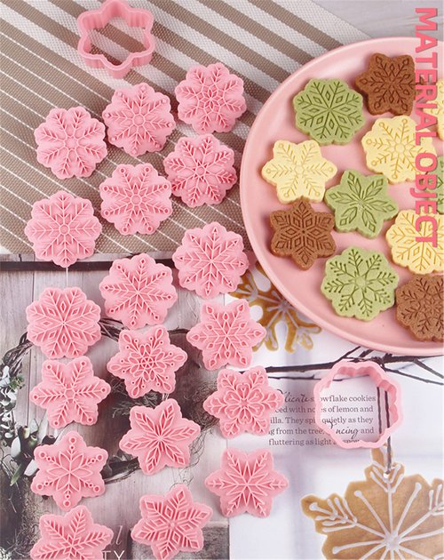 9 Patterns of 3D Snowflake Cookie Stamps Set, Food Grade Plastic 6 Branches Shaped Snowflakes Stamping Cookie Cutters Fondant Stamper Set for Baking (Pink)
