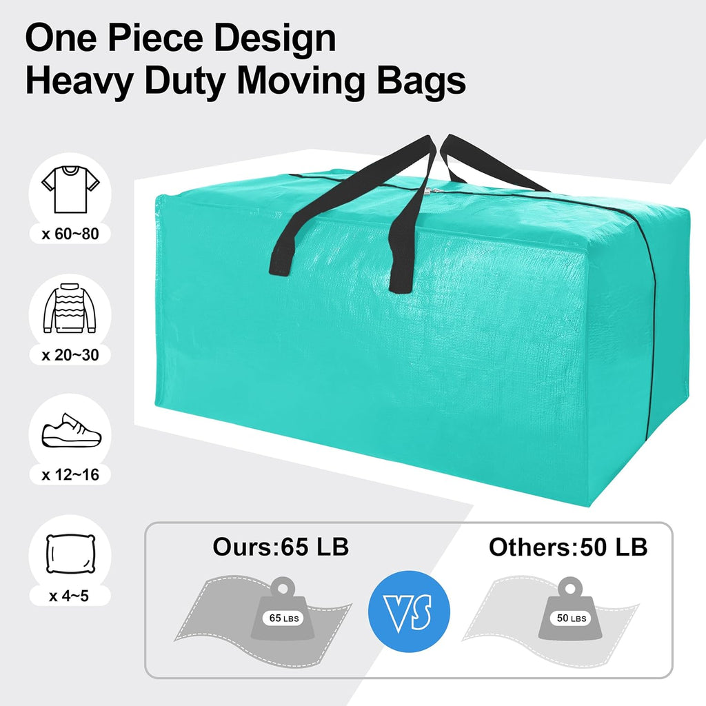 VELVETSURE Heavy Duty Large Moving Bags - 6 Pack with Backpack Straps & Strong Zippers | Space-Saving Aquamarine Totes